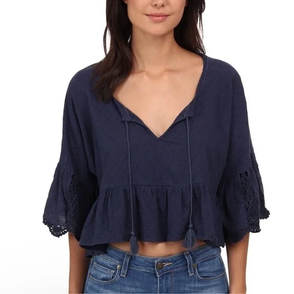 Free People Gauze Sweet Talker Top Women's Boho Peasant Blouse Navy Size Small - Picture 3 of 14